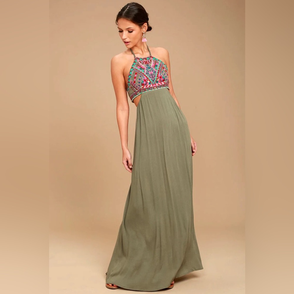 New Lulu’s Little Beach Olive Green Boho Embroidered Maxi Dress XSmall XS